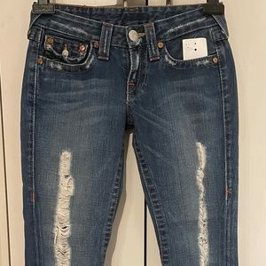 True Religion Joey Flared Distressed Ripped Jeans Womens 26 Dark Wash Made in US
